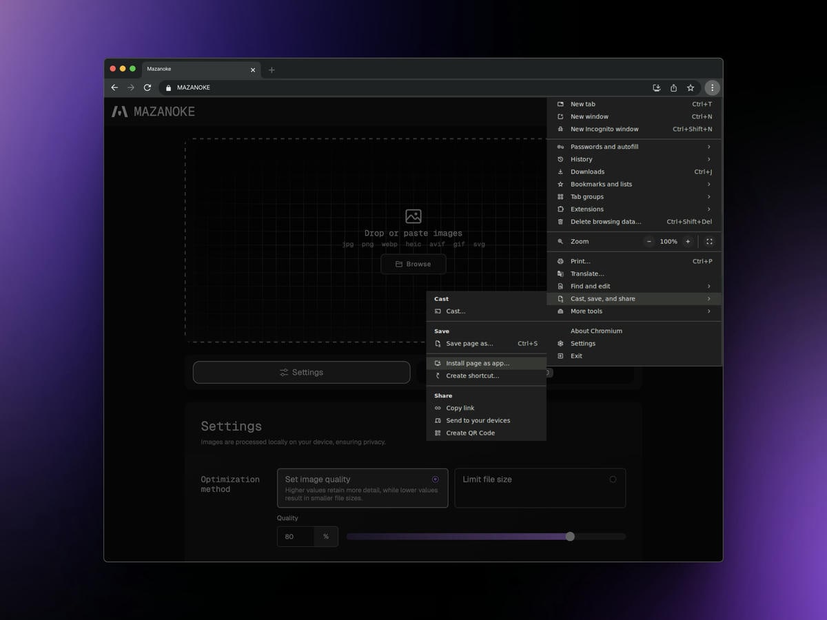 Install MAZANOKE progressive web app on Chrome desktop