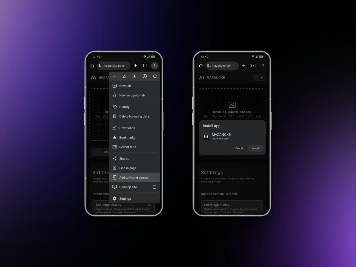 Install MAZANOKE progressive web app on Chrome mobile