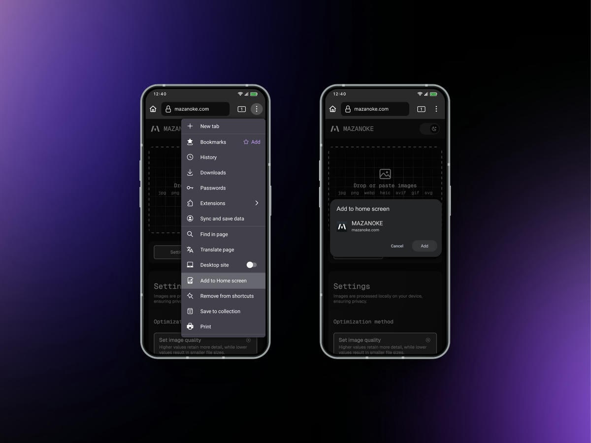 Install MAZANOKE progressive web app on Firefox mobile