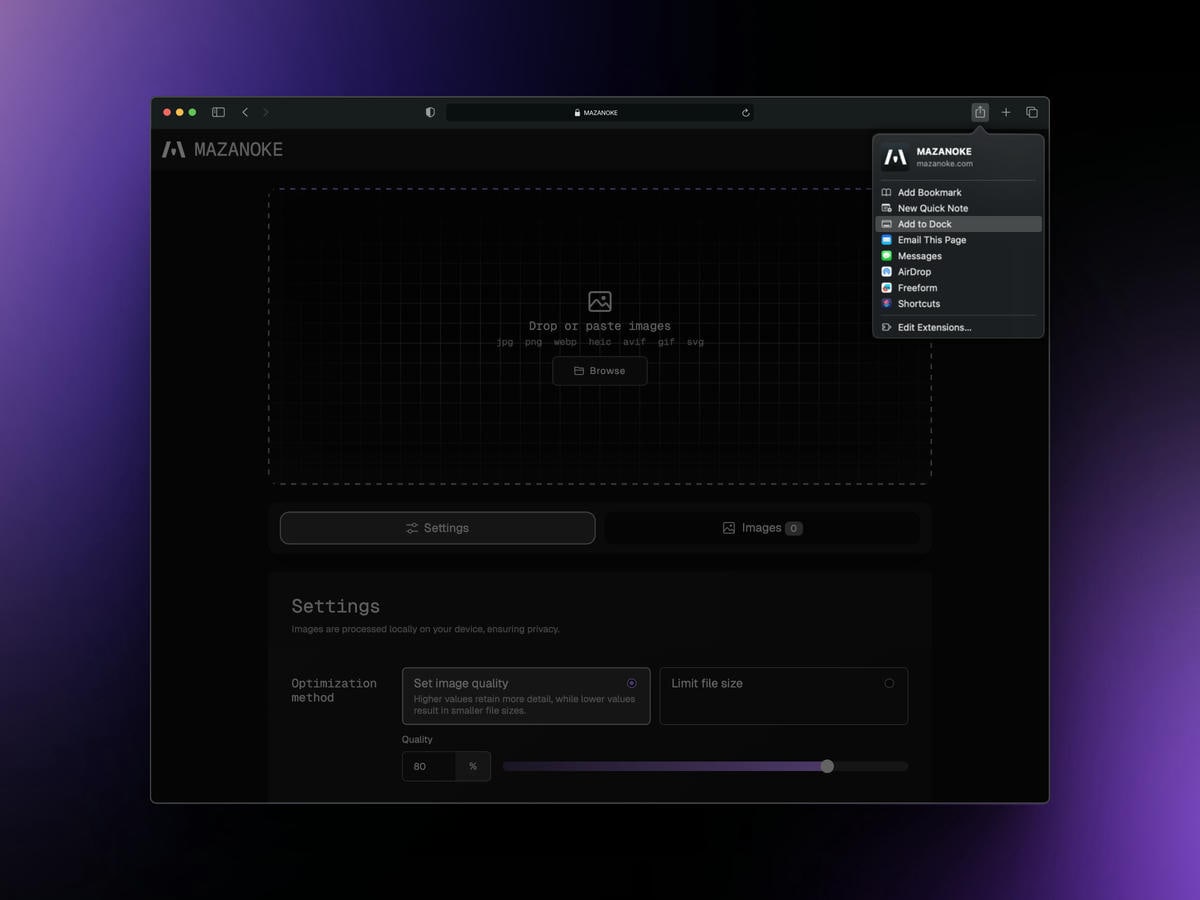Install MAZANOKE progressive web app on Safari desktop
