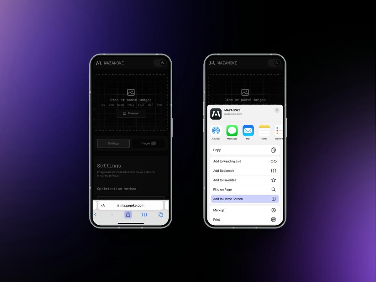 Install MAZANOKE progressive web app on Safari mobile